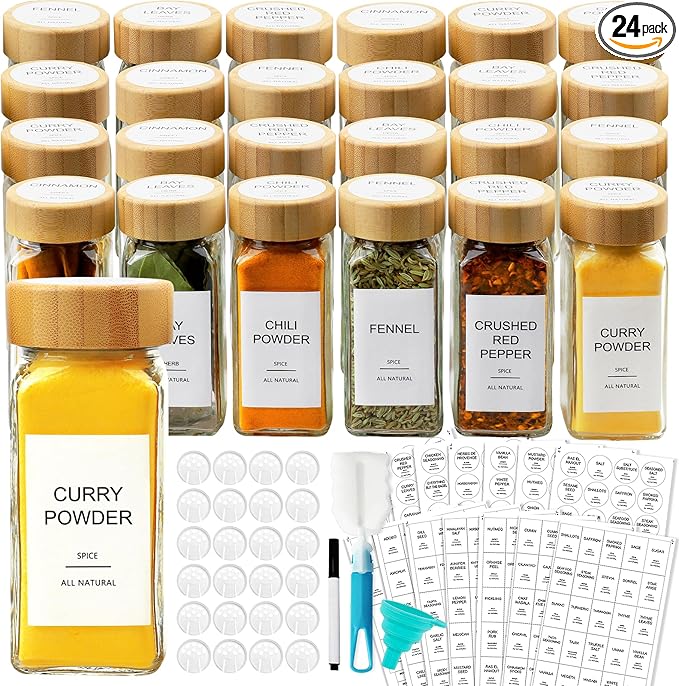 AISIPRIN Glass Spice Jars with 398 Labels, 24 pcs 4oz Spice Containers with Bamboo Lids, Square Spice Bottles With Shaker Lids,Spice Organization for Cabinet,Drawer,Rack,Seasoning Organizer by AISIPRIN