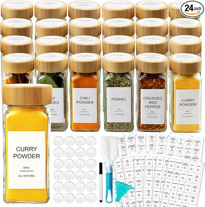 AISIPRIN Glass Spice Jars with 398 Labels, 24 pcs 4oz Spice Containers with Bamboo Lids, Square Spice Bottles With Shaker Lids,Spice Organization for Cabinet,Drawer,Rack,Seasoning Organizer by AISIPRIN