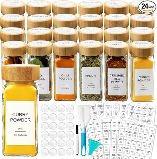 AISIPRIN Glass Spice Jars with 398 Labels, 24 pcs 4oz Spice Containers with Bamboo Lids, Square Spice Bottles With Shaker Lids,Spice Organization for Cabinet,Drawer,Rack,Seasoning Organizer by AISIPRIN