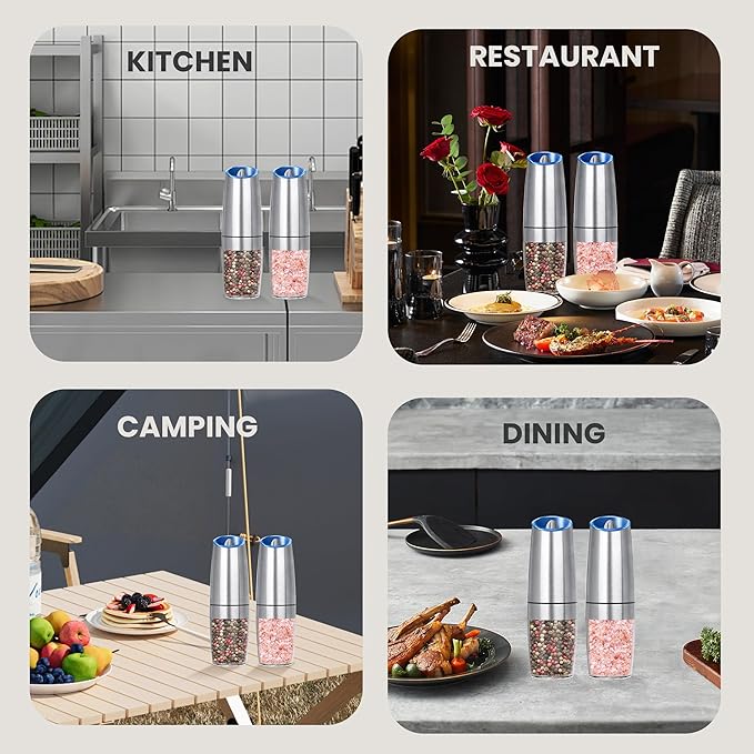 Battery Operated Salt And Pepper Grinder Set with LED Light, Automatic Electric Gravity Salt And Pepper Shakers Set, Each 6 AAA Batteries Needed, Adjustable Roughness, 2 Pack (Silver) - Image 7