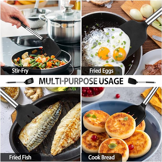 Pack of 4 Large Silicone Cooking Spatulas and Spoons, Slotted and Solid Stainless Steel Cooking Utensils Set, Non-stick Heat Resistant Kitchen for Baking, Fried, Stir-Fry, Mixing, Serving (Black) - Image 4