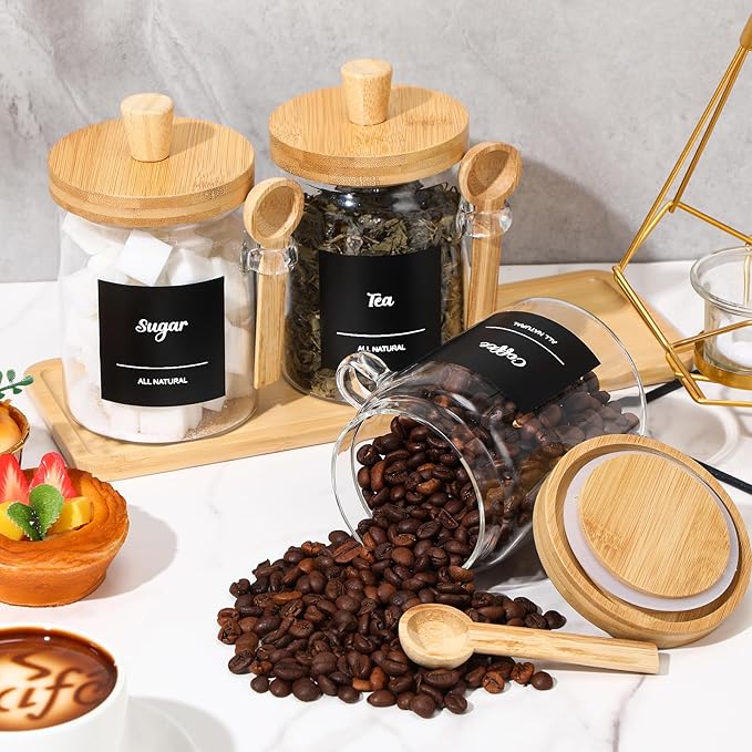 Suclain 3 Pcs Glass Coffee Container with Wooden Lid Spoon Shelf Labels Clear Airtight Jar Food Storage Canister Set for Sugar Spice Coffee Bean Holder Housewarming Gift(20 oz,Natural Bamboo) - Image 5