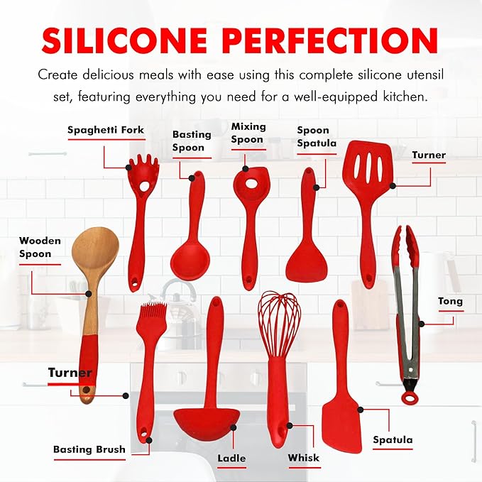 Chef Craft Premium Silicone Kitchen Tool and Utensil Set, 11 Piece Set, Red - Image 4