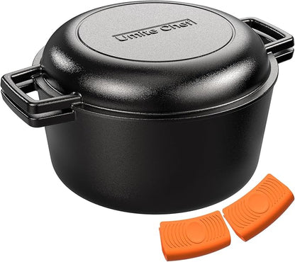 2-in-1 Pre-Seasoned Cast Iron Double Dutch Oven Pot with Skillet Lid & Silicone Sleeves – Raised Rib Skillet Lid– Umite Chef 7QT Cast Iron Skillet Cookware Pan Set wirh Dual Handles – Oven, Grill, Campfire & Stovetop Safe –PFAS-Free by UmiteChef