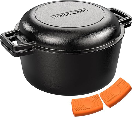 2-in-1 Pre-Seasoned Cast Iron Double Dutch Oven Pot with Skillet Lid & Silicone Sleeves – Raised Rib Skillet Lid– Umite Chef 7QT Cast Iron Skillet Cookware Pan Set wirh Dual Handles – Oven, Grill, Campfire & Stovetop Safe –PFAS-Free by UmiteChef