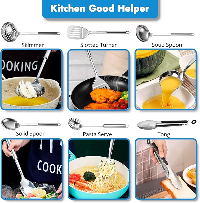 Cooking Utensils Set 11pcs - Stainless Steel Kitchen Utensils Set with Holder, Heat Resistant Kitchen Utensils Sets for Cooking with Turners, Potato Masher, Skimmer, Spoons, Ladle, Tongs, Whisk - Image 8