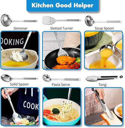 Cooking Utensils Set 11pcs - Stainless Steel Kitchen Utensils Set with Holder, Heat Resistant Kitchen Utensils Sets for Cooking with Turners, Potato Masher, Skimmer, Spoons, Ladle, Tongs, Whisk - Image 8