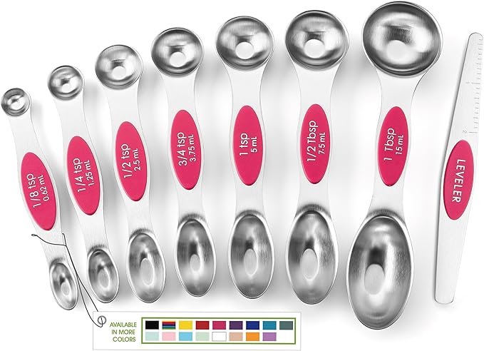 Spring Chef Pink Stainless Steel Magnetic Measuring Spoons Set of 8 with Leveler, Dual Sided Teaspoon & Tablespoon Measuring Set for Dry and Liquid Ingredients, Kitchen Gadgets for Baking & Cooking by SpringChef