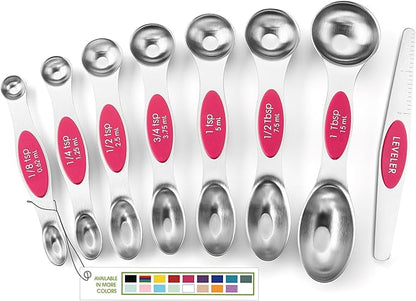Spring Chef Pink Stainless Steel Magnetic Measuring Spoons Set of 8 with Leveler, Dual Sided Teaspoon & Tablespoon Measuring Set for Dry and Liquid Ingredients, Kitchen Gadgets for Baking & Cooking by SpringChef