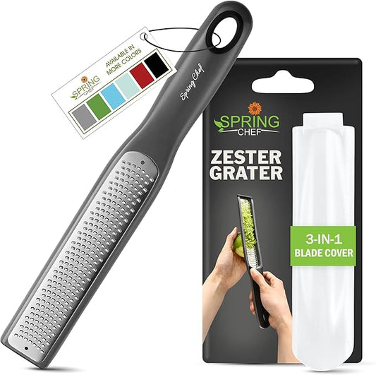 Spring Chef Premium Gray Lemon Zester Grater with Handle - Lime, Garlic, Ginger, Orange, Nutmeg, Fruit Grater - Heavy Duty Kitchen Tool - Stainless Steel Citrus Zester with Blade Cover - Fine Shred by SpringChef