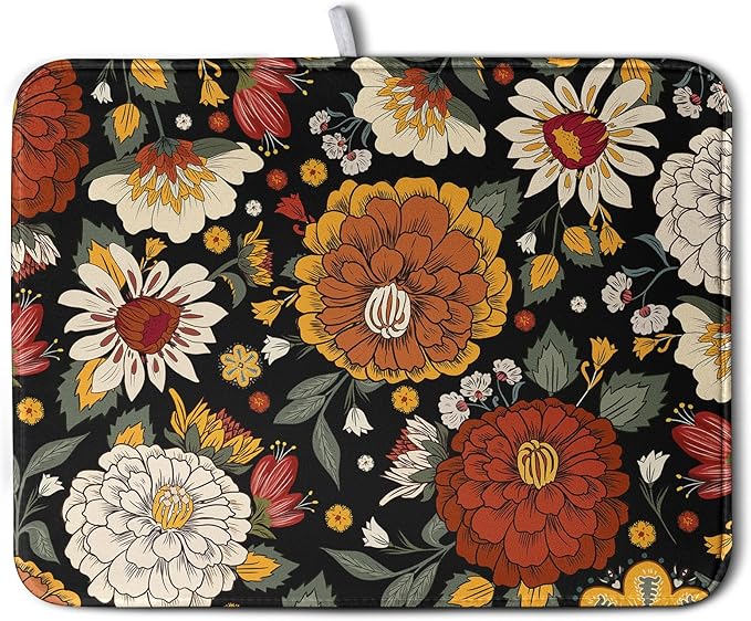 Vintage Floral Dish Drying Mat for Kitchen Counter Retro Sunflower Floral Absorbent Microfiber Dry Dish Mat Reversible Washable Dish Drainer Rack Mat Large 18x24 Inch by Kwlegh