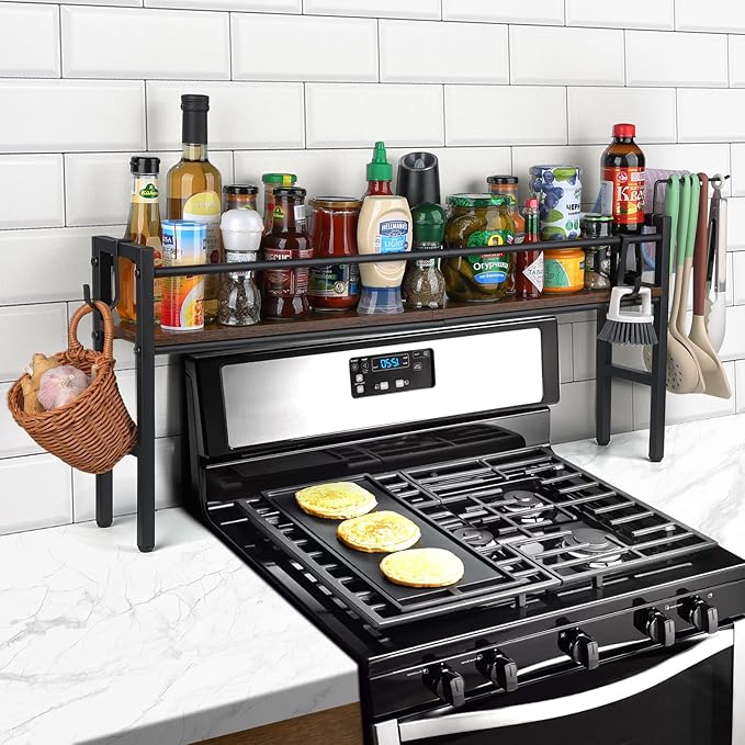 Meangood Spice Rack Shelf for Kitchen Stove, Over the Stove Shelf with 4 Hooks Extra Storage Countertop, Rustic Wood & Solid Metal Commbined Stove Shelf for Storage Seasoning, Easy to Assemble by Meangood