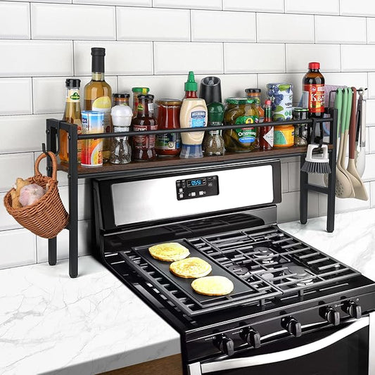 Meangood Spice Rack Shelf for Kitchen Stove, Over the Stove Shelf with 4 Hooks Extra Storage Countertop, Rustic Wood & Solid Metal Commbined Stove Shelf for Storage Seasoning, Easy to Assemble by Meangood