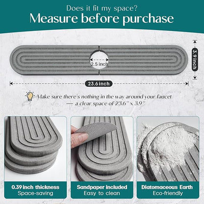 eormoe Kitchen Faucet Mat - Diatomite Splash Guard for Sink, Quick-Drying Water Absorbing Stone Tray [Grey, 23.6" x 3.9"], Includes Sandpaper
