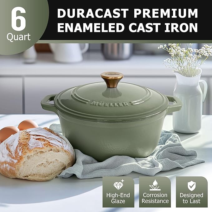 MUELLER HOME 6 Quart Enameled Cast Iron Dutch Oven For Sourdough Bread Baking, Heavy-Duty, Oven-Safe up to 500° F & Across All Cooktops, Casserole Dishes, Green Kitchen Accessories, Thyme Green - Image 2