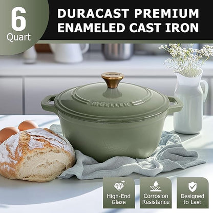 MUELLER HOME 6 Quart Enameled Cast Iron Dutch Oven For Sourdough Bread Baking, Heavy-Duty, Oven-Safe up to 500° F & Across All Cooktops, Casserole Dishes, Green Kitchen Accessories, Thyme Green - Image 2