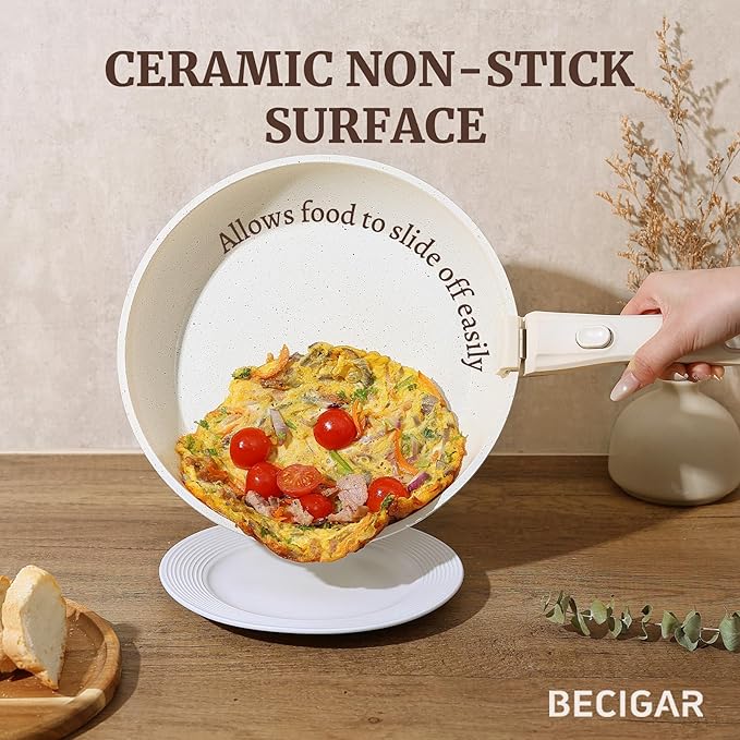 BECIGAR 8pcs Ceramic Pots and Pans Set, Non Stick Cookware Set, Detachable Handle Cookware, Induction Kitchen Cooking Set with Removable Handle,Oven Safe, Induction Fast, Stackable Cookware Set - Image 3