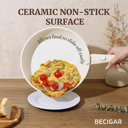 BECIGAR 8pcs Ceramic Pots and Pans Set, Non Stick Cookware Set, Detachable Handle Cookware, Induction Kitchen Cooking Set with Removable Handle,Oven Safe, Induction Fast, Stackable Cookware Set - Image 3