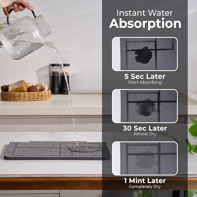 Large Stone Drying Mat for Kitchen Counter, Quick Dry Stone Dishes Mats, Stones Drying Mat for Kitchen Counter, Detachable Water Absorbing Diatomaceous Drying Mat (Dark Gray 24"×16" & 8"x4")