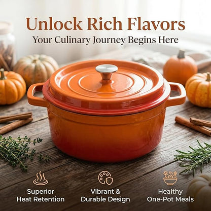 YJX Cast Iron Dutch Oven Pot with Lid, Enameled Cast Iron Pot, Orange Bread Dutch Oven, 4QT Heavy-Duty Cookware Oven Safe to 500°F for Bread Baking, Braising, Stews, Roasting