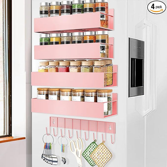 SMRCAD Magnetic Spice Rack Organizer for Fridge Seasoning Organizer for Kitchen storage with Screw Magnetic Shelf with Hook for Refrigerator and Oven (4pack1hook-Pink) by SMRCAD