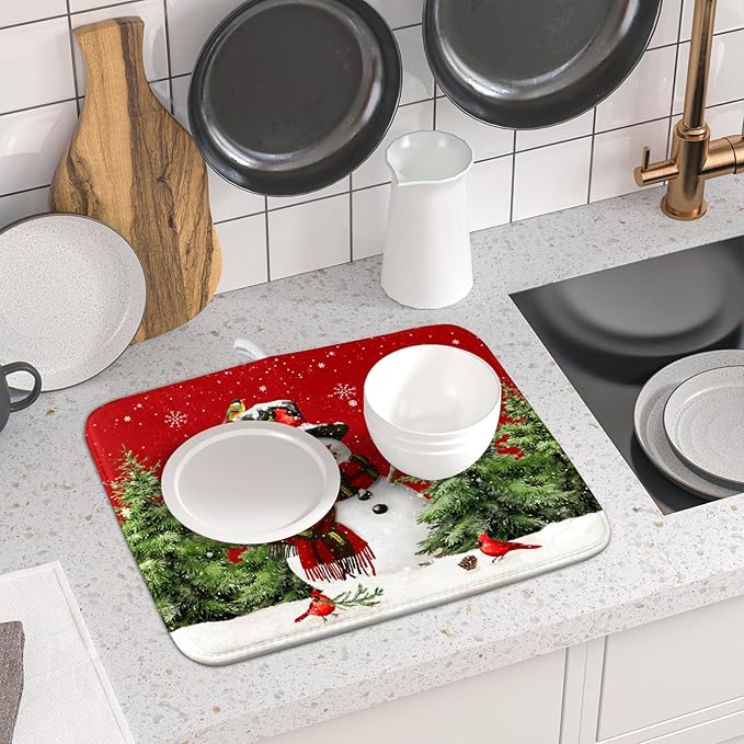 Christmas Dish Drying Mat for Kitchen Counter Snowman Green Christmas Tree Microfiber Absorbent Dish Draining Reusable Washable Foldable 16"x18" - Image 6