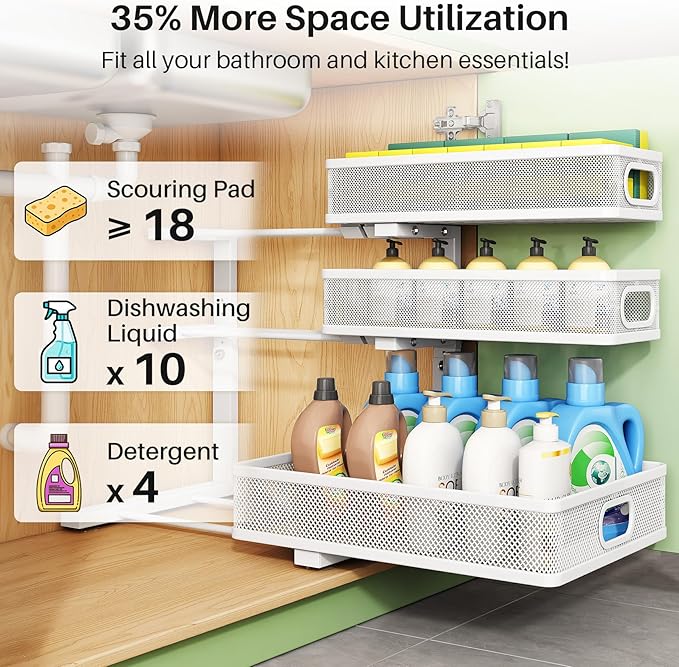 Kitstorack Under Sink Organizer, 1-Pack 3-Tier Height Adjustable Thickened Metal Pull out Cabinet Organizer Shelf, Slide out Storage Drawer Rack for Bathroom Kitchen Pantry Home Laundry Organization - Image 6