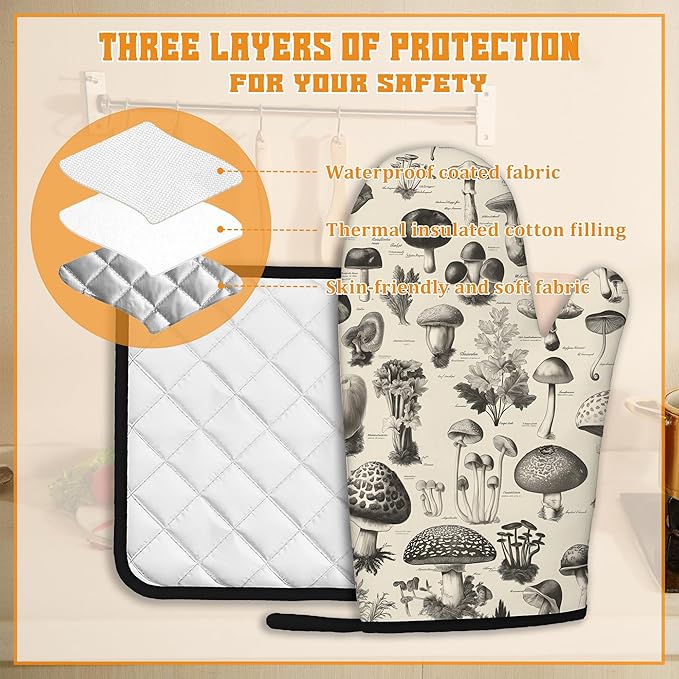 Vintage Mushroom Forest Oven Mitts and Pot Holders,Heat Resistant Oven Mitts Gloves and Pot Holder for Home Kitchen Decorations Cooking Baking BBQ Gifts,Set of 4