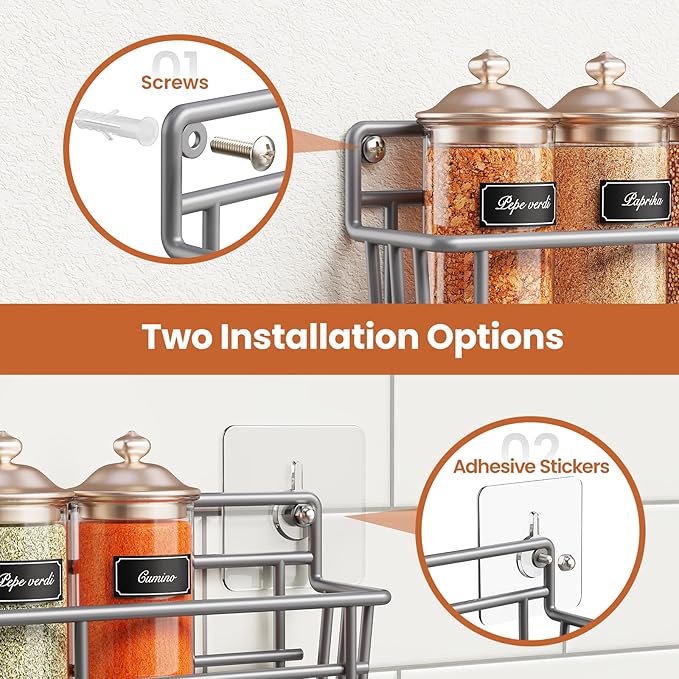 Mystozer 5 Pack Spice Rack Seasoning Organizer Wall Mount, Spice Storage Spice Rack Organizer Pantry Door Organizer Screw or Adhesive Hanging Shelf Basket Spice Organizer Shelf for Kitchen (Gray) - Image 4