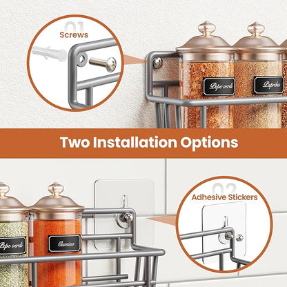 Mystozer 5 Pack Spice Rack Seasoning Organizer Wall Mount, Spice Storage Spice Rack Organizer Pantry Door Organizer Screw or Adhesive Hanging Shelf Basket Spice Organizer Shelf for Kitchen (Gray) - Image 4