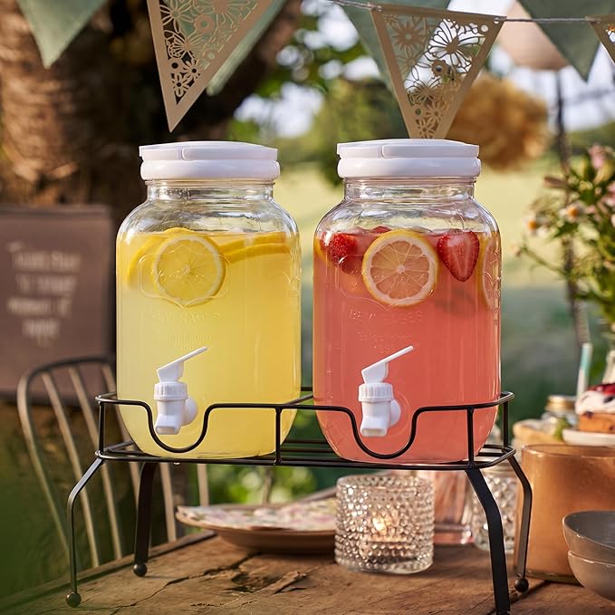 Teenyyou 2 Pcs Plastic Drink Dispensers for Parties Beverage Dispenser with Stand and Spigot Juice Lemonade Jars with Lid for Countertop Party Bar Picnics Water Tea, 2 Gallons Total