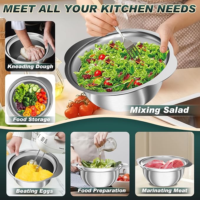 Stainless Steel Colanders with Mixing Bowl - 3.0QT & 2.0QT Strainer and Colander with Handle, 3.5QT Nesting Kitchen Bowl with Colander For Pasta, Vegetables, Fruit, Rice, 3PCS - Image 4