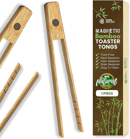 Toaster Tongs With Magnet | Kitchen Utensils For Cooking and Holding Toast Bacon Muffin Bagel Bread | 8 Inch Long Natural Non Toxic Bamboo by ThreeWayCut