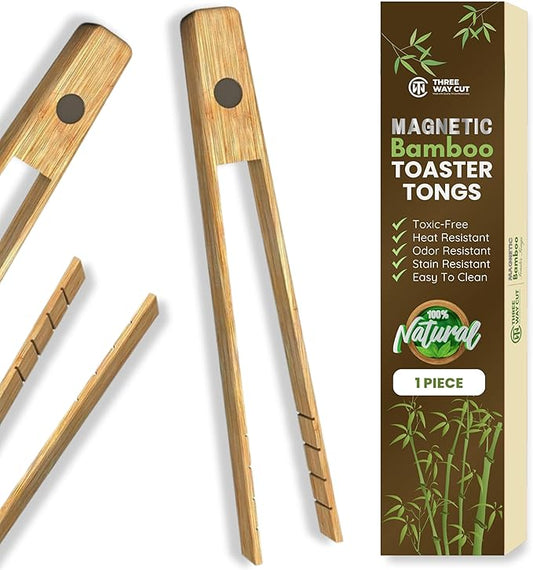 Toaster Tongs With Magnet | Kitchen Utensils For Cooking and Holding Toast Bacon Muffin Bagel Bread | 8 Inch Long Natural Non Toxic Bamboo by ThreeWayCut