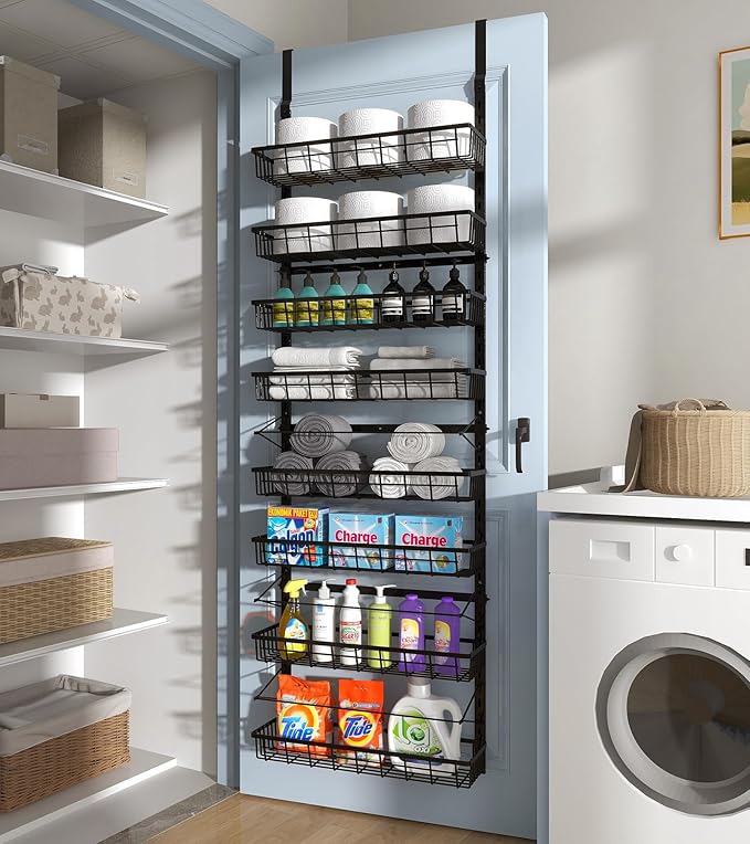 Mefirt Over The Door Pantry Organizer, Wall Mount Spice Rack, Pantry Hanging Storage and Organization, 8 Adjustable Baskets Heavy-Duty Metal for Home & Kitchen, Back of Door Seasoning Rack - Black - Image 7