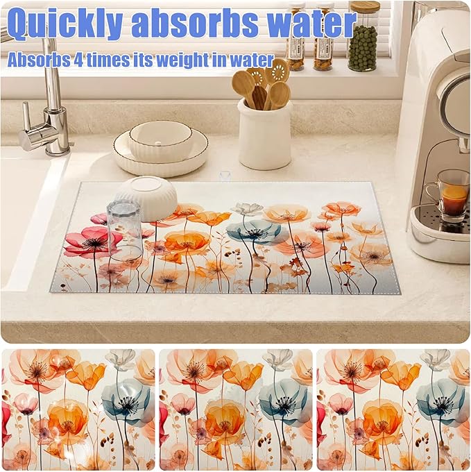 Poppy Dish Drying Mat for Kitchen Counter Wild Flower Drying Pad Absorbent Reversible Dish Drainer Rack Mats Draining Pad 18"x24"Inch - Image 4