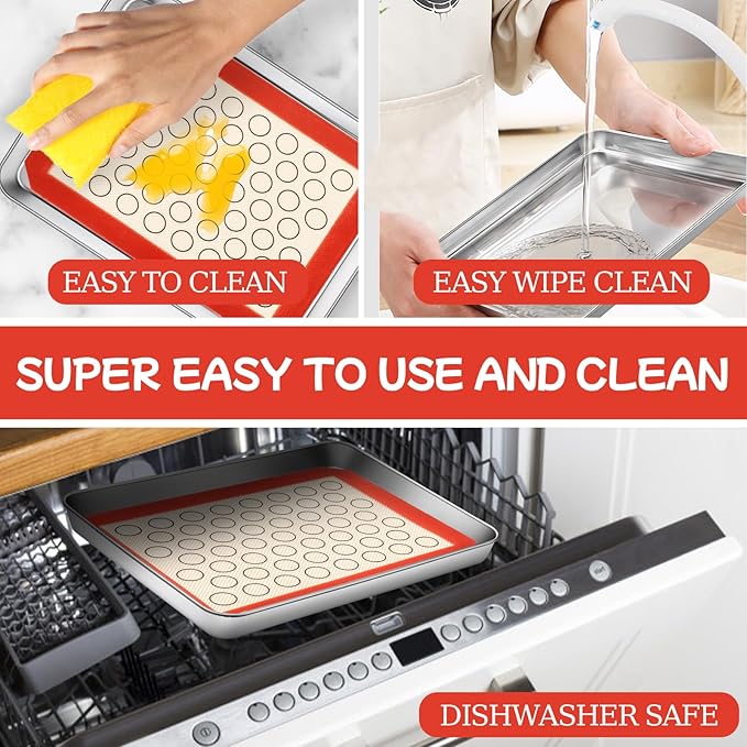 Baking Sheet with Silicone Baking Mat Set,CEKEE Stainless Steel Baking Sheet Pan Tray, Cookie Sheets for Baking, 6PCS Baking Supplies Bakeware Sets for Oven Making Cookies, Macaroons, Bread - Image 6