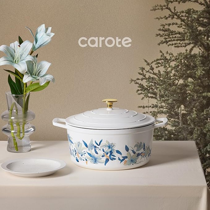 CAROTE 7QT Cast Iron Dutch Oven Pot with Lid, Enameled Floral Dutch Ovens with Cotton Potholders & Oven Gloves, Versatile Heavy-Duty Cookware for Sourdough Bread Baking, Braising, Stews, All Stovetop Compatible, Oven Safe up to 500° F, White & Blue - Image 8
