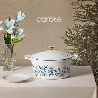 CAROTE 7QT Cast Iron Dutch Oven Pot with Lid, Enameled Floral Dutch Ovens with Cotton Potholders & Oven Gloves, Versatile Heavy-Duty Cookware for Sourdough Bread Baking, Braising, Stews, All Stovetop Compatible, Oven Safe up to 500° F, White & Blue - Image 8