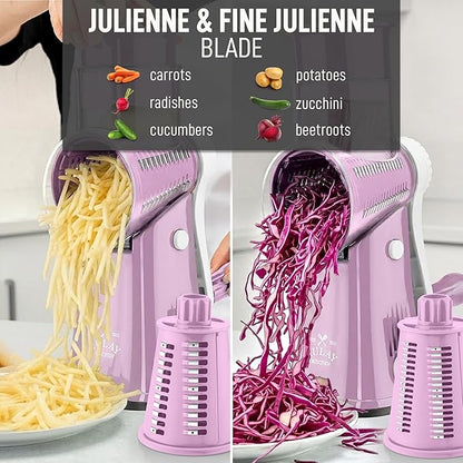 Zulay Kitchen Rotary Cheese Grater 5 Blade Cheese Shredder - Manual Hand Crank Cheese Grater With Reinforced Suction & 5 Interchangeable Drums - Easy to Use, Vegetable Chopper Round Mandoline Slicer - Image 6
