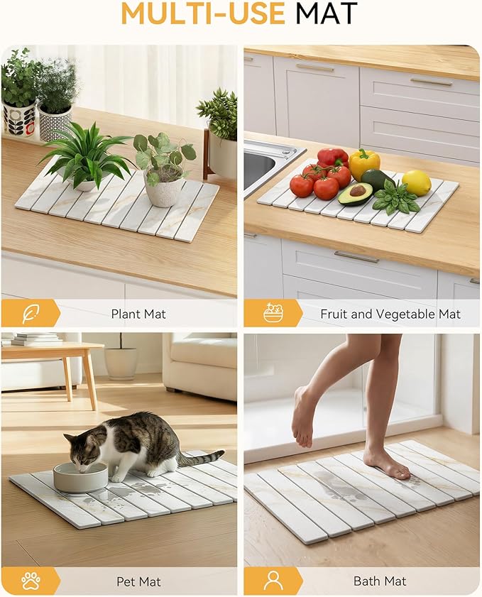 Yofidra Large Stone Dish Drying Mat for Kitchen Counter, Quick Dry Stone Mats with Absorbent Diatomaceous Earth, Foldable Roll Up Drying Organizer Pad for Utensils Plate, 24"×16", White Gold Marble - Image 5