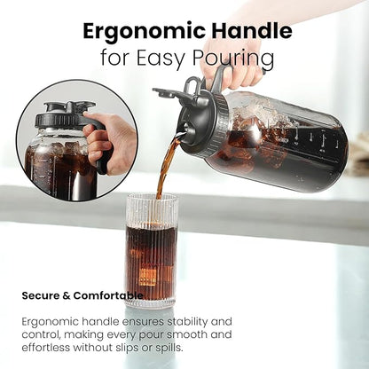 64oz Mason Jar Pitcher - Airtight & Leakproof Glass Pitchers with Handle and Lid, Perfect for Breastmilk, Cold Brew and Sun Tea for Outside,2 Quart Mason Jar with Pour Spout Lid,1/2 Gallon Water Jug