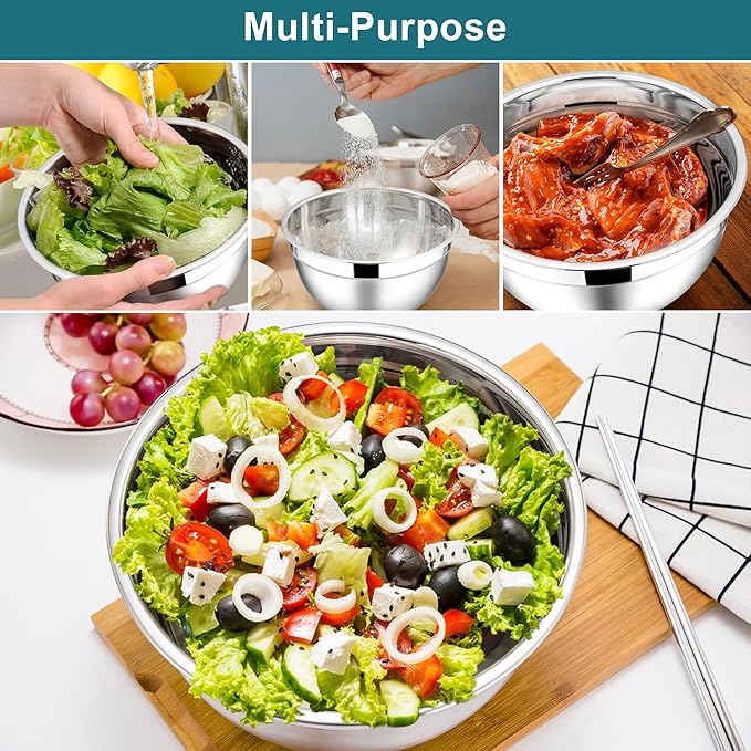E-far Mixing Bowls with Lids, 6-Piece Stainless Steel Salad Bowls Metal Nesting Bowls for Baking Cooking and Prepping, Airtight Lids & Stackable Design, Size 4.5, 3, 1.5 QT (Blue) - Image 4