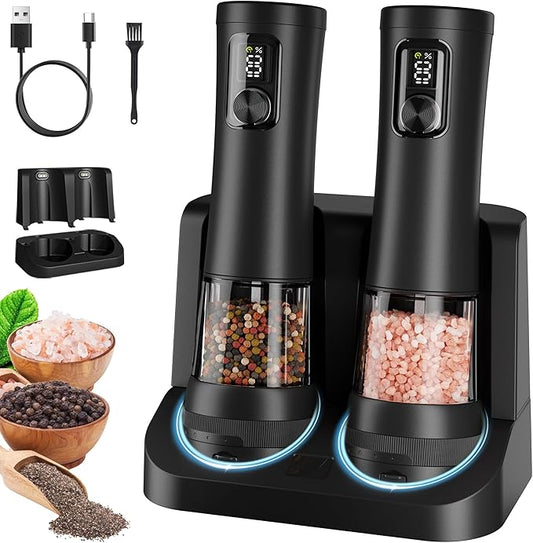 Electric Salt and Pepper Grinder Set, Automatic Refillable Salt and Pepper Shakers 2-Speed Setting with LED Light and 5 Adjustable Coarseness,Practical and Convenient Kitchen Gadgets（Black）