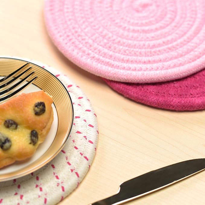 Kitchen Potholders Set Trivets Set 100% Pure Cotton Thread Weave Hot Pot Holders Set (Set of 3) Stylish Coasters, Hot Pads, Hot Mats, Spoon Rest For Cooking and Baking by Diameter 7 Inches (Pink)