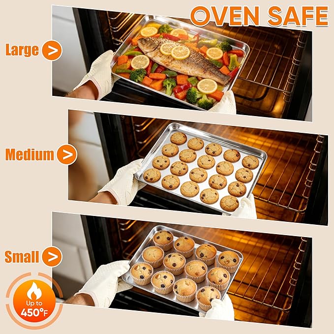 LIANYU Baking Sheet Pans Set of 3, Stainless Steel Cookie Sheets for Baking, 17.5/16/12.4 Inch, Half/Quarter/Jelly Roll Pans for Oven, Mirror Finish Metal Tray, Heavy Duty & Rust Resistant - Image 4