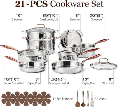 CAROTE 21pcs Tri-Ply Stainless Steel Cookware Set, Pots and Pans Set, Non Toxic Induction Kitchen Cooking Sets, Cookware Collection, Mirror Polish, Gold - Image 2