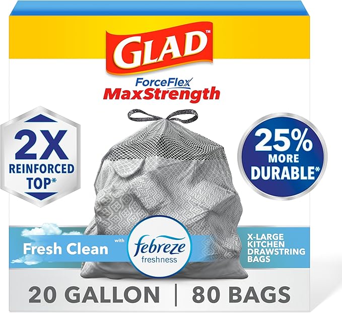 Glad ForceFlex MaxStrength Kitchen Trash Bags, 20 Gal, Fresh Clean Febreze, 80 Ct (Package May Vary) (Pack of 3)