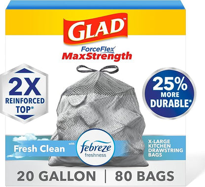Glad ForceFlex MaxStrength Kitchen Trash Bags, 20 Gal, Fresh Clean Febreze, 80 Ct (Package May Vary) (Pack of 3)