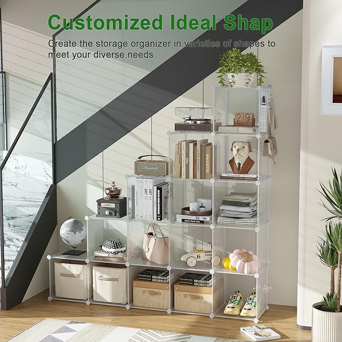 C&AHOME Cube Storage Organizer, 16-Cube Shelves Units, Plastic Storage Cubes, DIY Closet Organizer, Modular Closet Storage Shelf Ideal for Home, 48.4" L × 12.4" W × 48.4" H Transparent Twill UPCS16T - Image 4